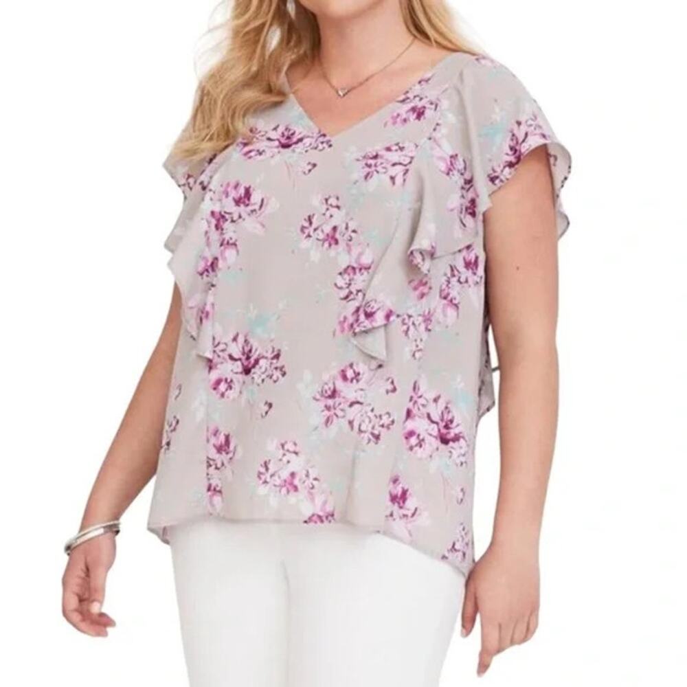 Torrid Womens Blouse Sz 00 10‎ Flutter Sleeve Georgette Purple Gray Aqua